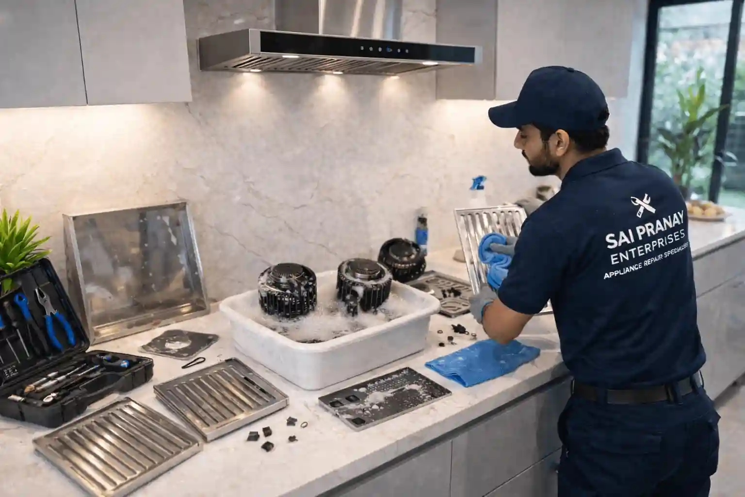 Chimney chemical deep cleaning service dissolving heavy dripping oil and hard grease from baffle filter auto-clean collector trays
